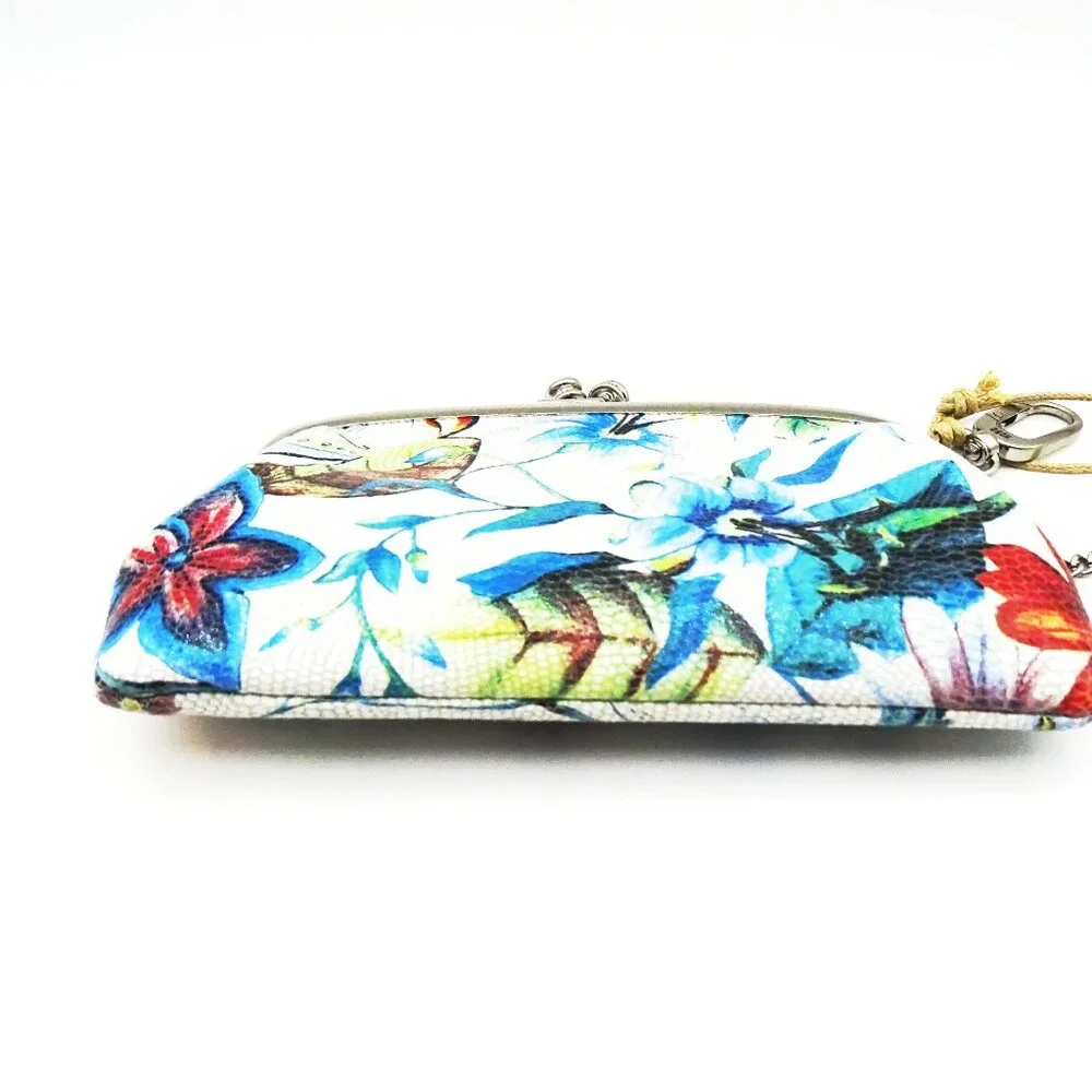 HOBO International Floral Kiss-lock Wallet in White with Blue, Green, Red Accent
